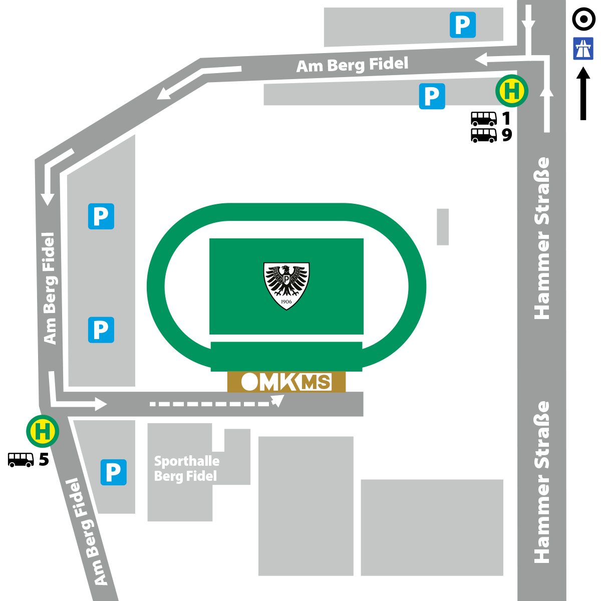 Anfahrtsskizze zur OMKMS mit Verkehrsführung und Anbindung des ÖPNV der Stadtbus-Linien 1, 5 und 9